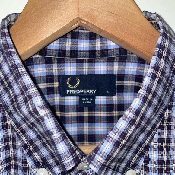Fred Perry Navy and White Plaid Oxford Button Down Shirt - Picture 3 of 3